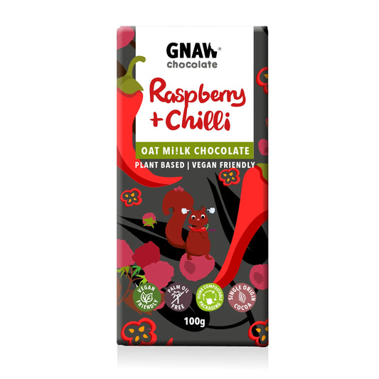 GNAW CHOCOLATE Handcrafted Oat Mi!lk Chocolate Raspberry+Chilli